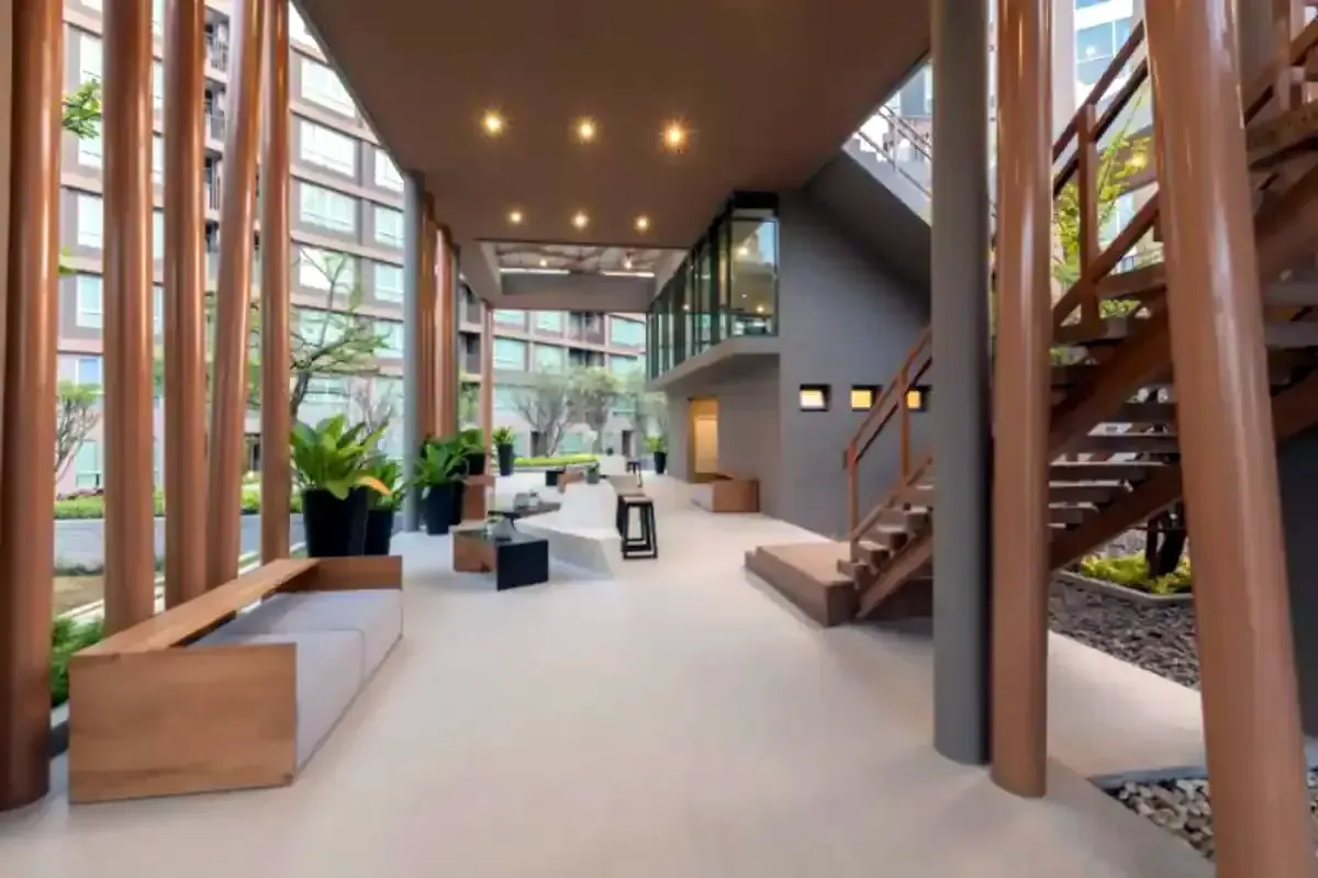 Modern residential lobby featuring elegant timber finishes